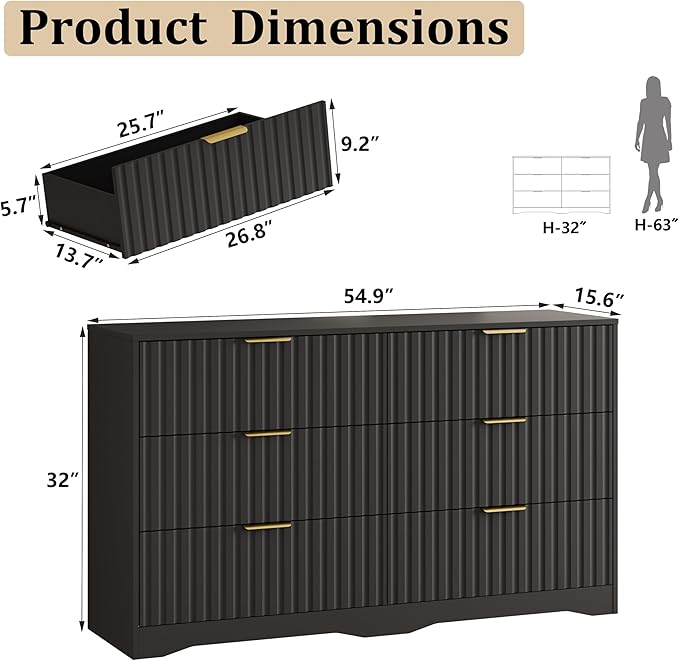 6 Drawer Dresser and Nightstand Sets for Bedroom, Modern Fluted 3 Pcs Bedroom Dresser Furniture Sets, Wood Chest of Drawers and Nightstand Set of 2 with Metal Handles, Black