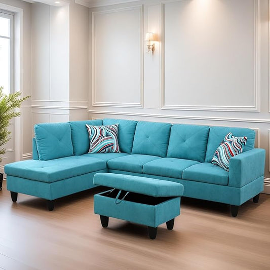 FONTOI L Shaped Sectional Couch Sofa, Modern Couches for Living Room, Comfy 4 Seat Modular Sectional Sofa with Ottoman Storage for Bedroom Apartment, Blue