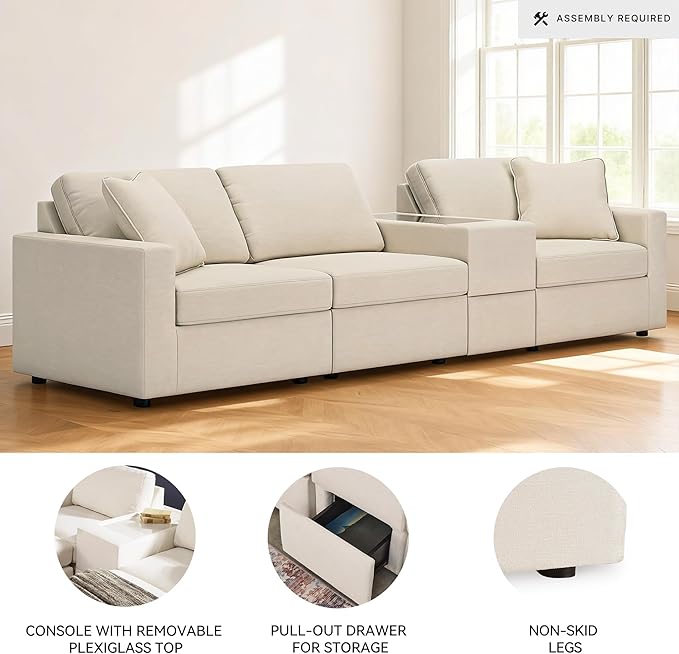 Signature Design by Ashley Modmax Coastal Modular Stain Resistant 4-Piece Sectional with Storage Console, Drawer and 2 Accent Pillows, Beige