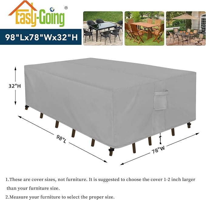 Easy-Going Rectangle Patio Furniture Cover Waterproof Outdoor Dining Table and Chair Cover Anti-UV Outside Sectional Sofa Set Covers (98"L x 78"W x 32"H, Grey) - Image 2