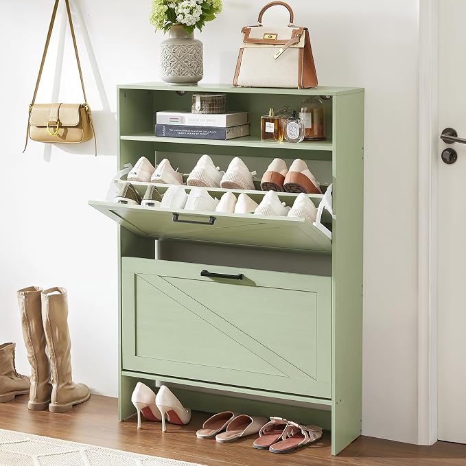 RWYHG Shoe Cabinet Storage for Entryway with 2 Flip Drawers Open Storage Layer Rack Narrow Organizer Slim Hidden Wood Shoe Cabinet Furniture Green - Image 6