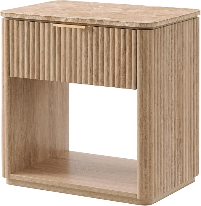 Fluted Night Stand, 23" W Nightstand with Drawer, Wood Bed Side Table with Faux Marble-Top, Curved Profile Design, Metal Handle, Modern Bedside Table for Bedroom, Living Room End Table, Natural Oak by DelArk