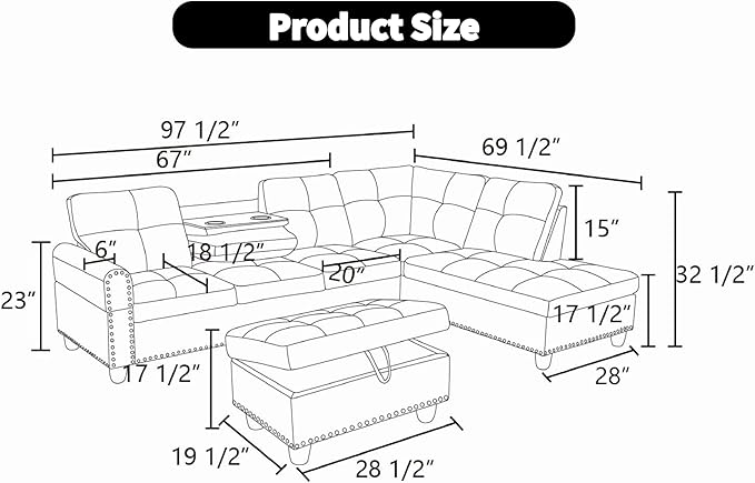 Sectional Couches for Living Room, Convertible 4 Seat Modular Sectional Sofa Set for Living Room, L Shaped Couch or U Shaped Couch with Storage Ottoman for Apartment, Dark Grey