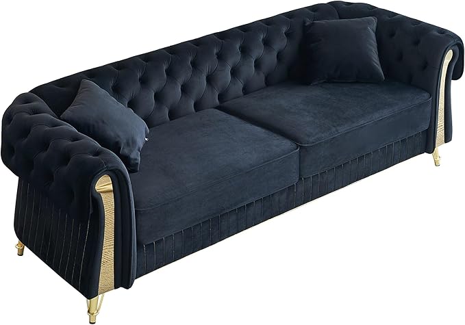 KEIKI 89" Chesterfield Velvet Button Tufted Sofa with High Density Foam Cushions and 2 Toss Pillows, Modern Style 3-Seater Couch with 4 Gold Metal Leg, Easy Assembly, for Living Room, Apartment, Black