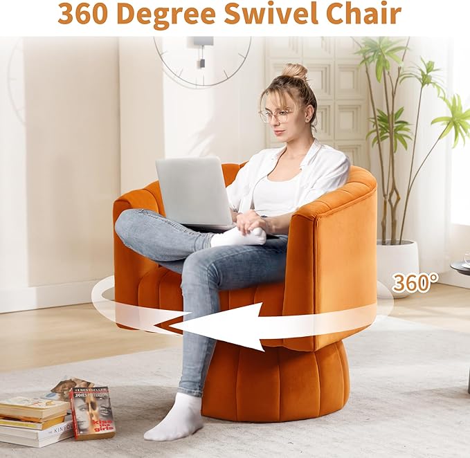 Swivel Accent Barrel Chair Set of 2- Cute Comfy Small Round 360° Arm Chair Velvet Sofa Club Reading Chair for Living Room Bedroom Office Orange