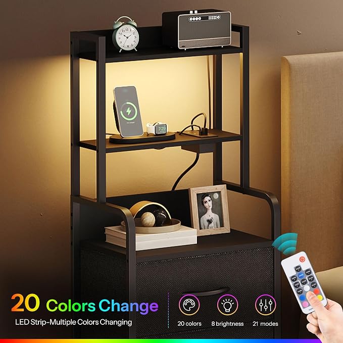 HOOBRO Tall Nightstand with Charging Station, LED Bedside Table with 3 Fabric Drawers and Open Shelves, USB-A, Type-C, 2 AC Outlets, Modern End Table for Bedroom, Black BB206UDBZ01 - Image 4