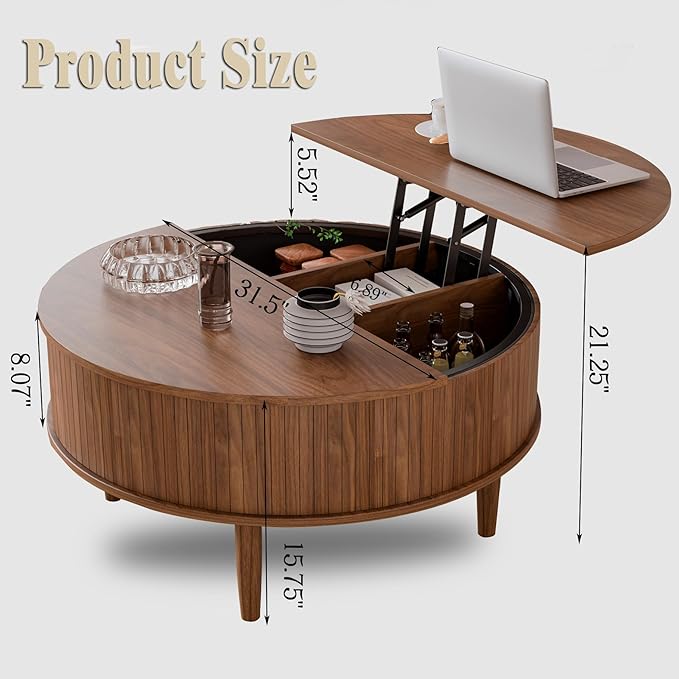 Round Fluted Lift Top Coffee Table with Storage, Mid Century Modern Coffee Table for Living Room, Home Small Space,31.5" Fluted Center Table (Walnut, 31.5inch)