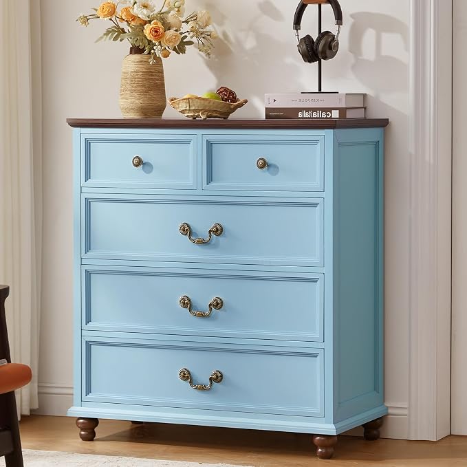 Joaxswe Farmhouse 5 Drawer Dresser for Bedroom, 35" Tall Rustic Chests of Drawers w/ 4 Solid Wood Feet, Mid Century Modern Wooden Closet Storage Dressers Organizer for Living Room, Hallway,Light Blue by Joaxswe