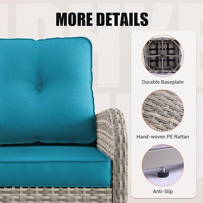 9-Piece Patio Rocking Swivel Chair Outdoor Wicker Rattan Bistro Set with Tempered Glass Side Table, Outdoor Patio Furniture Set for Garden, Deck, and Balcony, Turquoise