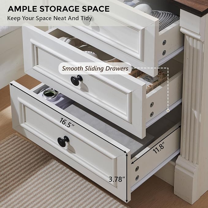 Aitjunz 26" Tall Farmhouse Nightstand Set of 2, 3 Drawers End Table w/Charging Station, 23.6" Wide Large Side Table w/Roman Column, Wood Rustic Sofa Table for Bedroom, White - Image 6