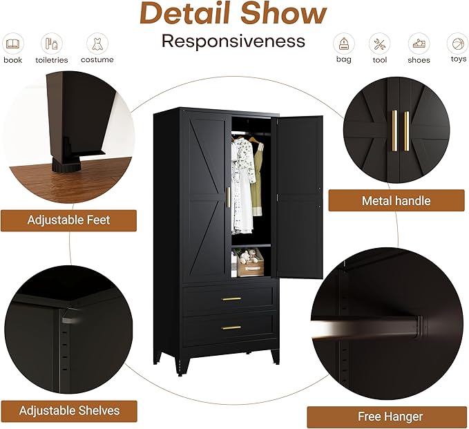 Metal Armoire Wardrobe Closet with 2 Drawers, 71" Wardrobe Cabinet with 1 Adjustable Shelf & 1 Hanging Rod for Bedroom, Black Metal Closet Storage Cabinet with 2 Doors & 2 Drawers