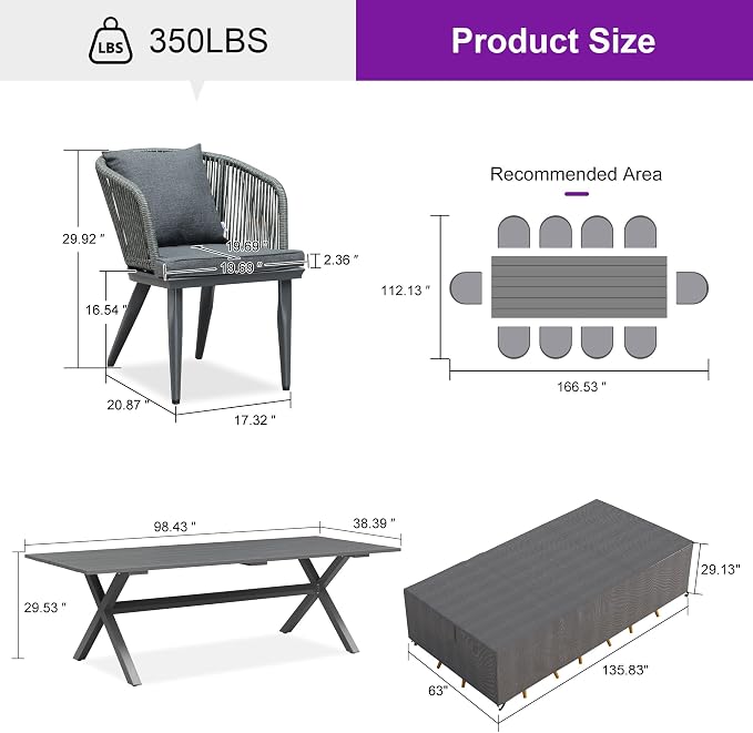 PURPLE LEAF 11 Pieces Patio Dining Set with Waterproof Furniture Cover Rectangular Table and Chairs Set for Garden Deck Aluminum Frame Backyard Kitchen Set, Cushions and Pillows Included Grey - Image 9