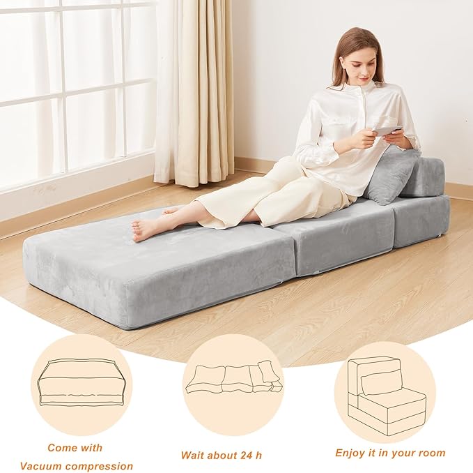 Folding Sofa Bed, Convertible Sleeper Chair with Pillow, Foldable Mattress & Back Support, Portable Floor Lounger Futon for Apartment, Dorm, Living Room, Bedroom, Grey