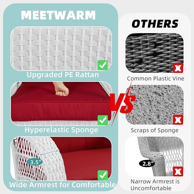 MEETWARM 4 Pieces Outdoor Wicker Patio Conversation Sets with Glider Loveseat, 2 Chairs with Coffee Table Wicker Rocking Glider Set, Patio Conversation Set with Thickened Cushions, White/Red