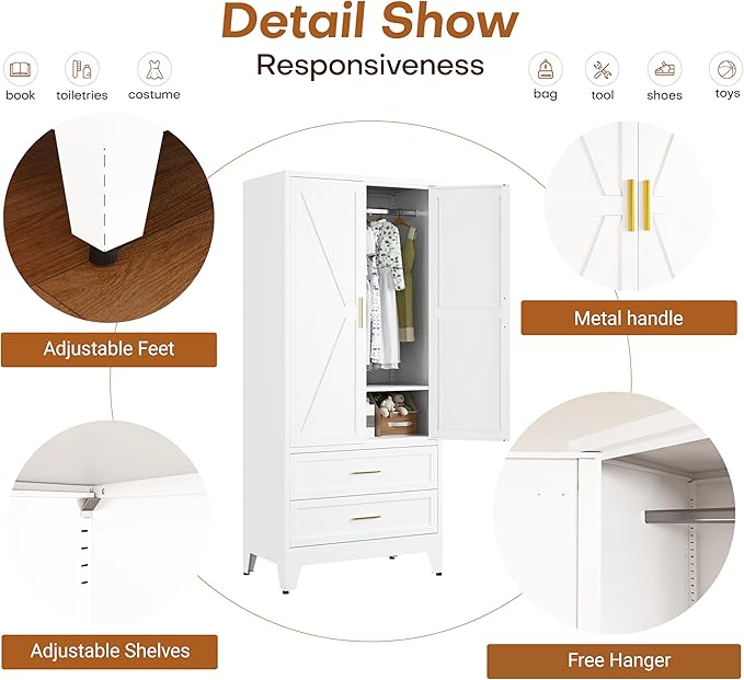 Metal Armoire Wardrobe Closet with 2 Drawers, 71" Wardrobe Cabinet with 1 Adjustable Shelf & 1 Hanging Rod for Bedroom, White Metal Closet Storage Cabinet with 2 Doors & 2 Drawers