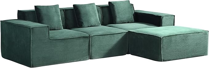 Rowan Convertible Corduroy Sectional Couch with Ottoman & Pillows, Modular L Shaped Sleeper Sofa, Boneless Cloud Couch for Living Room Furniture, Dark Green
