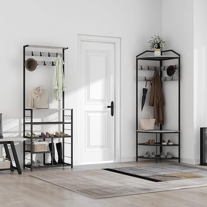 GiftGo Grey Corner Hall Tree with Shoe Bench Entryway Coat Rack with 10 Metal Movable Hooks Rustic Farmhouse Floorstanding Clothes Rack Shoes Shelf Organizer for Home Office Bedroom (Greige) - Image 7