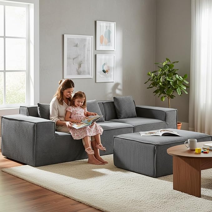 Rowan Convertible Corduroy Sectional Couch with Ottoman & Pillows, Modular L Shaped Sleeper Sofa, Boneless Cloud Couch for Living Room Furniture, Dark Grey