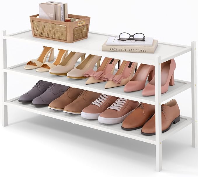 Smiry Bamboo Long Shoe Rack, 3 Tier Shoe Organizer for Entryway & Closet, Stackable Free Standing Storage Shelf for Shoes, Bags & Plants, White by Smiry
