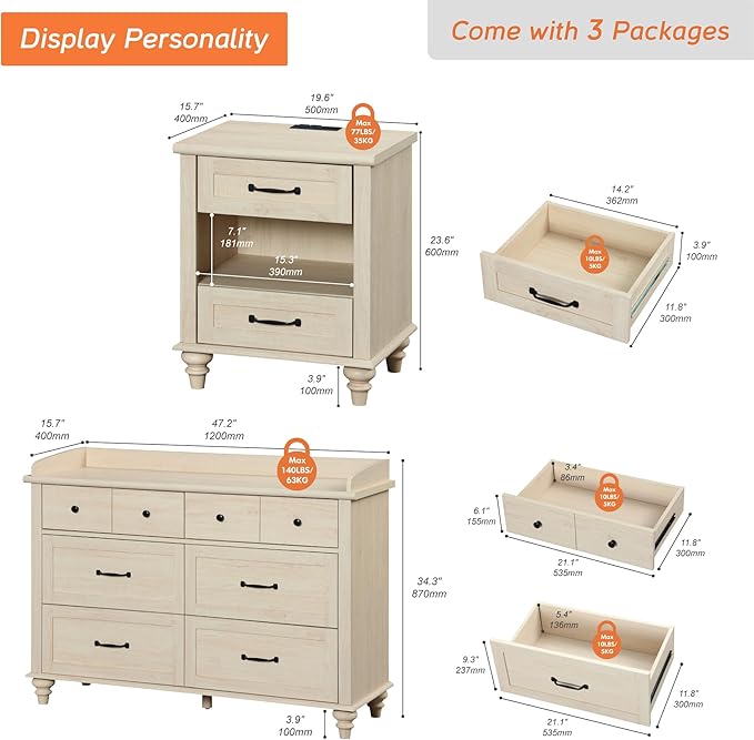 WAMPAT 3 Piece Bedroom Set - Includes Mid Century Dresser with 6 Drawers, Set of 2 Bedside Tables with Charging Station, 3 Piece Dresser and Nightstand Sets, Beige