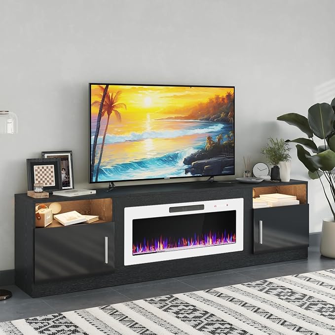 PRETZI Fireplace TV Stand with 36" Fireplace Up to 90" TVs, 80" Entertainment Center with LED Lights, Remote Control, TV Media Console with Storage Cabinets for Living Room, Black+White by PRETZI