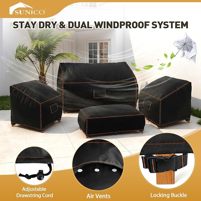SUNICO Patio Furniture Set Covers, 4 Piece Patio Covers for Outdoor Furniture Waterproof, 420D Outdoor Furniture Cover, UV Fade Protection, Tear-Resistant, Black - Image 5