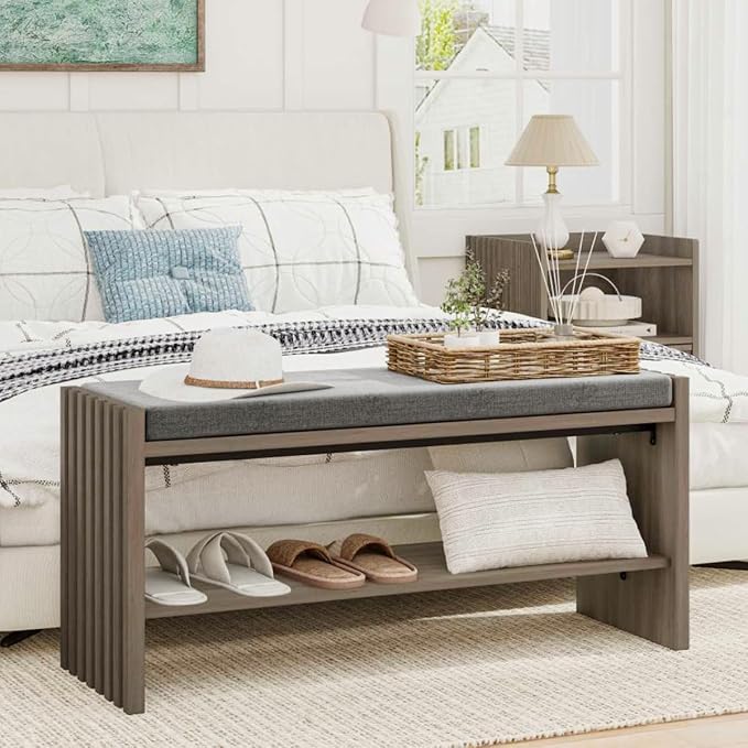 BON AUGURE Shoe Storage Bench Bedroom, Entryway Bench with Cushion, Ottoman Benches for Living Room Hallway Entry (Greige Oak, 40 Inch Wide) - Image 6