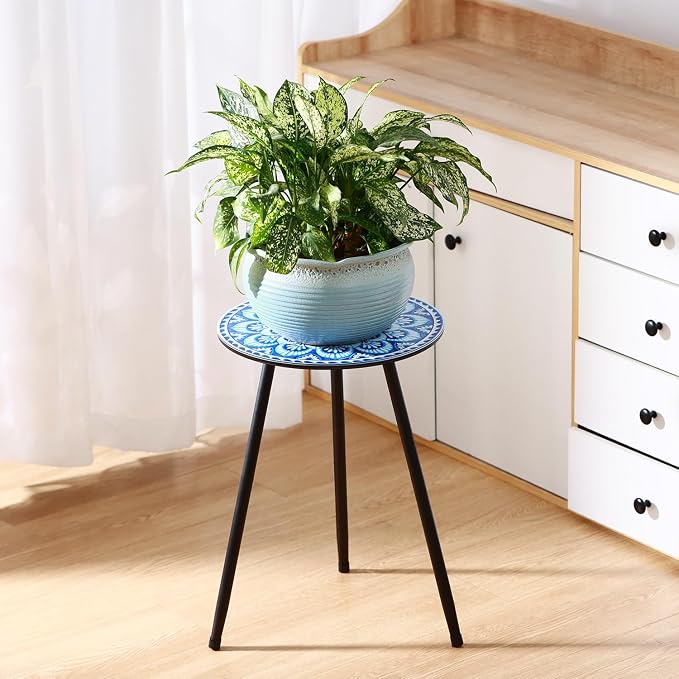 2 Packs Metal Mosaic Round Side Tables 13.4" Small Outdoor Patio Round Accent Coffee Tables Indoor Corner Stand for Small Spaces Weather-Resistant for Balcony, Porch Plant Stands Indoor, Blue Mosaic - Image 8