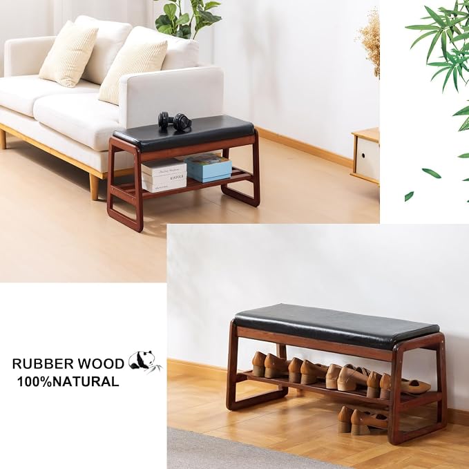 latifolia Solid Wood Bench, Entryway Shoe Bench with Cushion, 2 Tier Shoe Storage Organizer for Hallway, Living Room(Black,31.50''L) - Image 6