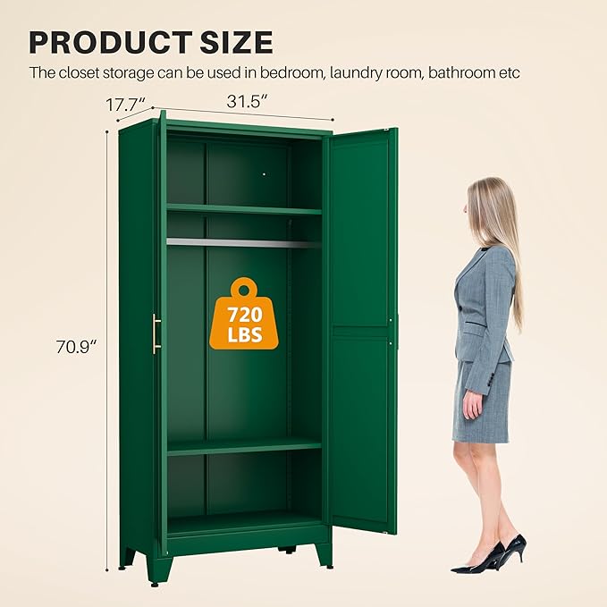 winiowa Metal Armoire Wardrobe Closet with 2 Mirror Doors, 71" Wardrobe Cabinet with Adjustable Shelves and Hanging Rod, Clothing Storage Cabinet Closet with Mirror for Bedroom-Green