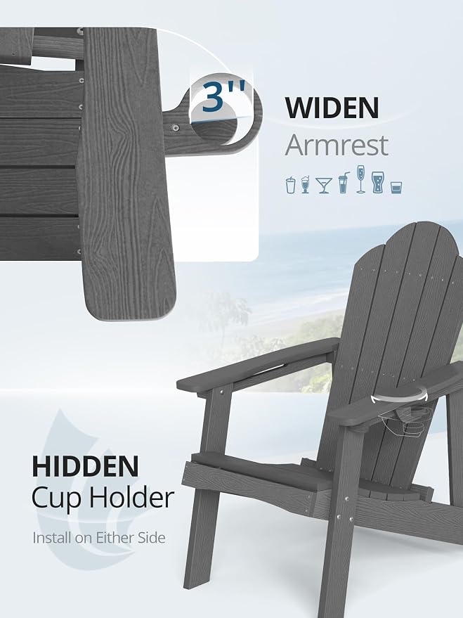 LUE BONA Matte HDPE Adirondack Chairs Set of 6 - Weather Resistant Outdoor Seating with Cup Holder, Ideal for Urban Patio, Deck, Fire Pit & Modern Backyard, Dark Gray - Image 3