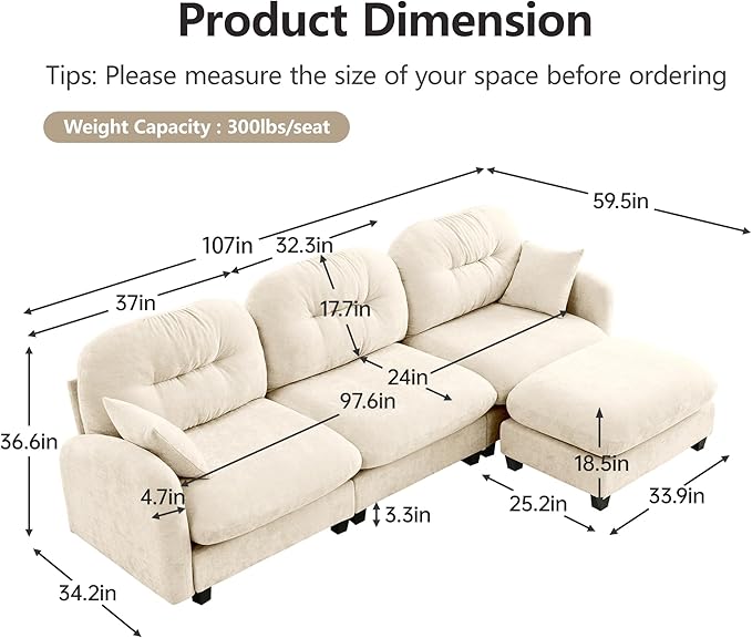 KEIKI 107" L-Shaped Oversized Chenille Modular Sectional Sofa with 1 Ottoman, High-Density Foam Cushions, Tufted Pleated Cushion Backrest, Modern 3-Seater Couch with 2 Pillow, for Living Room, Beige