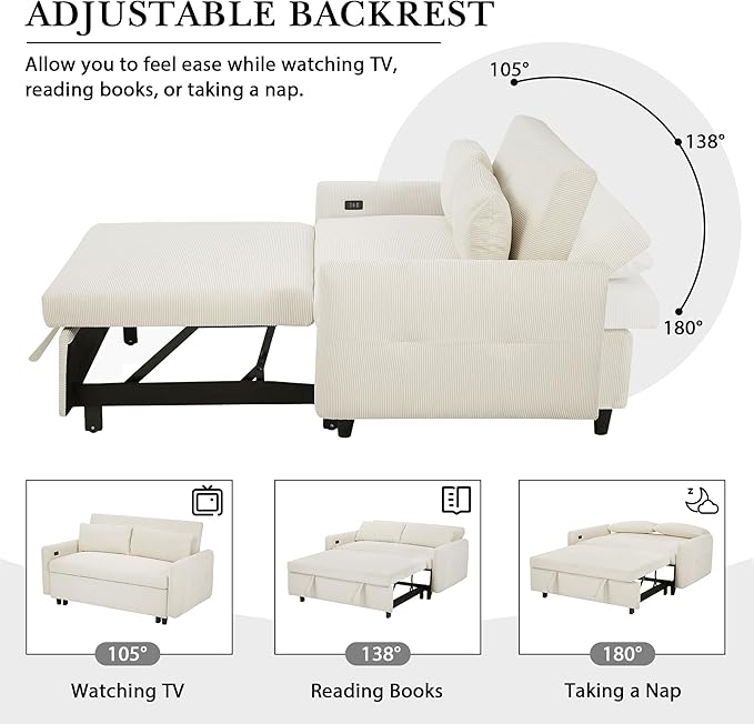 Merax Pull-Out Sofa Bed Convertible Couch 2 Seat Loveseat Sofa Modern Sleeper Sofa with Two Throw Pillows and USB Ports for Living Room, Beige