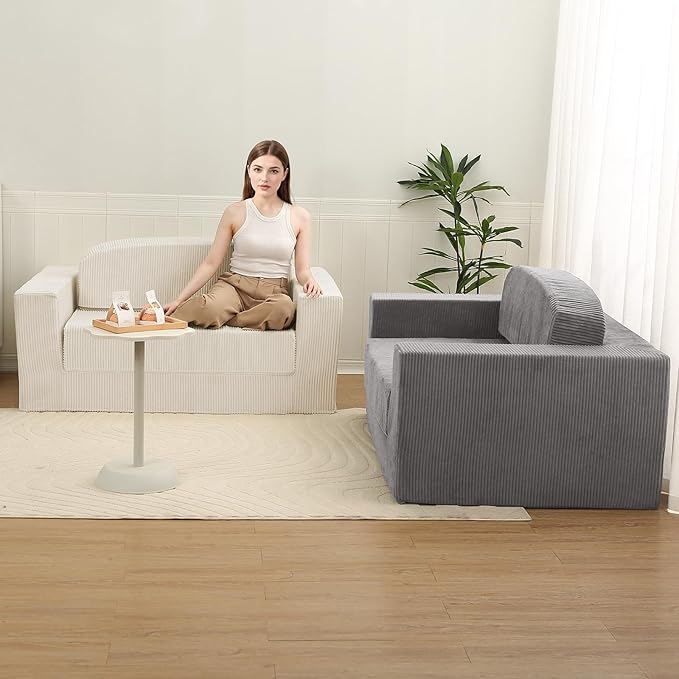 MeMoreCool Convertible Sofa Bed, Pull Out Loveseat Sleeper Sofa, Small Boneless Cloud Couch Bed for Adults, Fold Out Foam Love Seat, Corduroy Folding Floor Couch for Bedroom, Light Grey