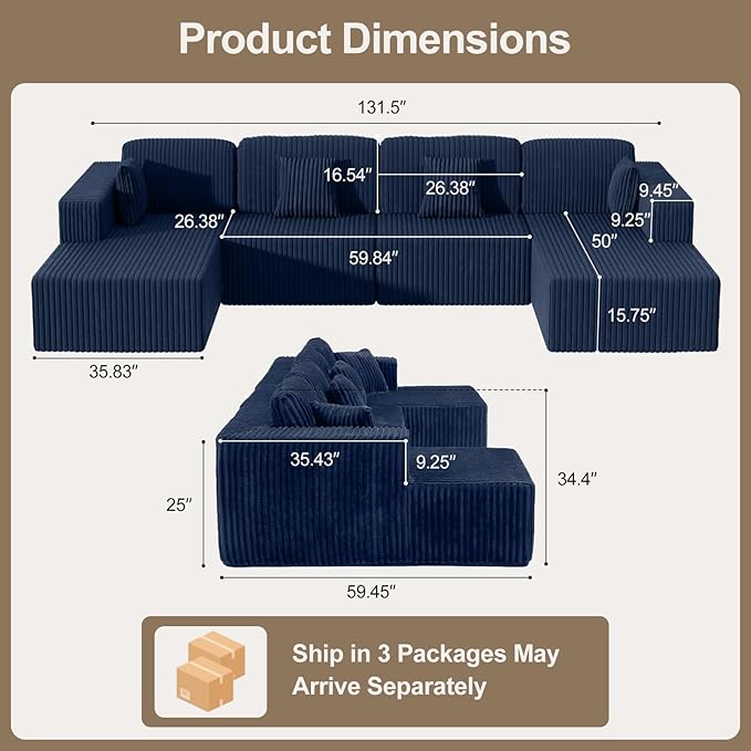 132 Inch U Shaped Modular Sectional Sofa with Dual Chaise, Oversized Corduroy Cloud Couch with Deep Seat, Boneless Modern Sofa for Living Room, No Assembly Required, Blue