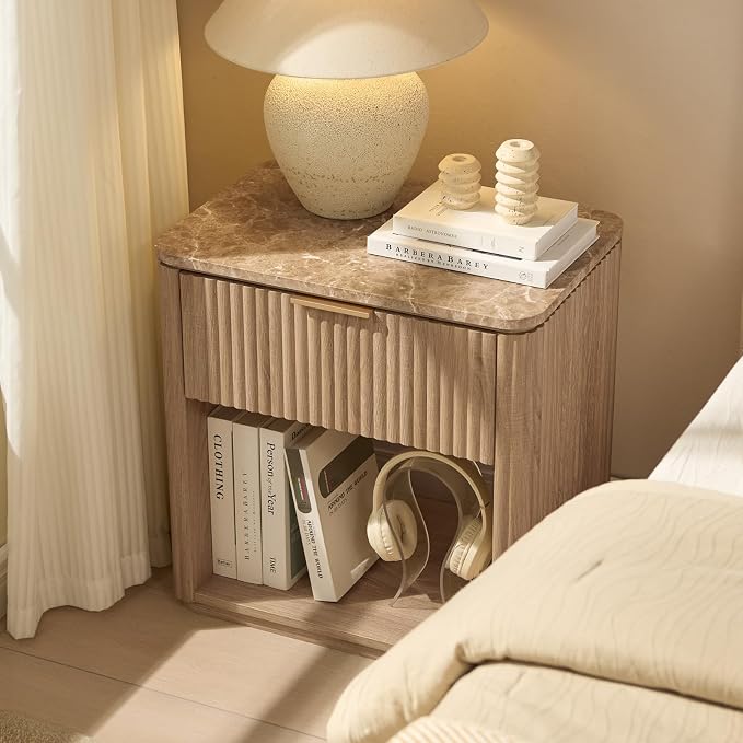 Fluted Nightstand Set of 2, 23" W Night Stand with Drawer, Wood Bed Side Table with Faux Marble-Top, Curved Corner, Metal Handle, Modern Bedside Table for Bedroom, Living Room, Office, Natural Oak - Image 2