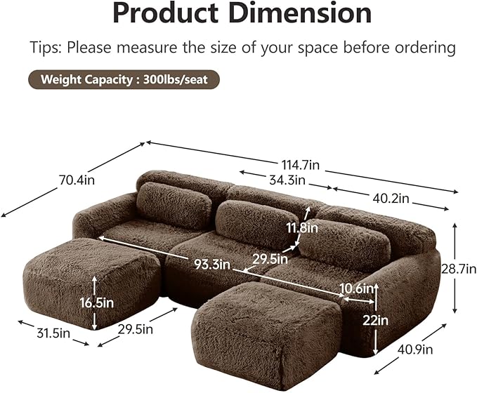114.7" Modular Boneless Sofa, Modern Sectional Couch, U-Shape Boneless Couch for Living Room Apartments Bedroom, 32D High Density Sponge Lounge Sofa, No Assembly Required, Chocolate