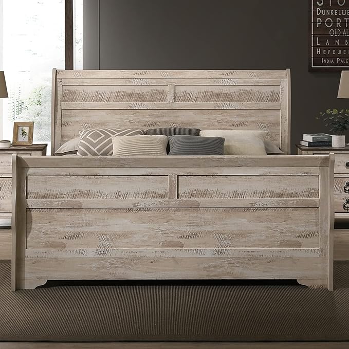 Roundhill Furniture Imerland White Wash Finish 3-Piece Bedroom Set-Sleigh Bed and Two Nightstands, King Size