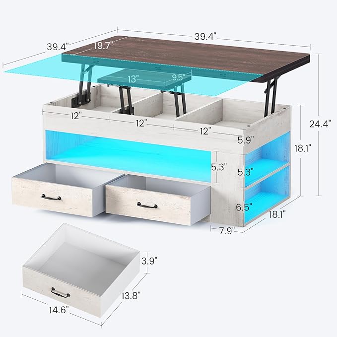 Itaar Lift Top Coffee Table, 4 in 1 Coffee Tables with Storage and Hidden Compartment, Farmhouse Coffee Table with 2 Fabric Drawers & LED Light for Living Room, White