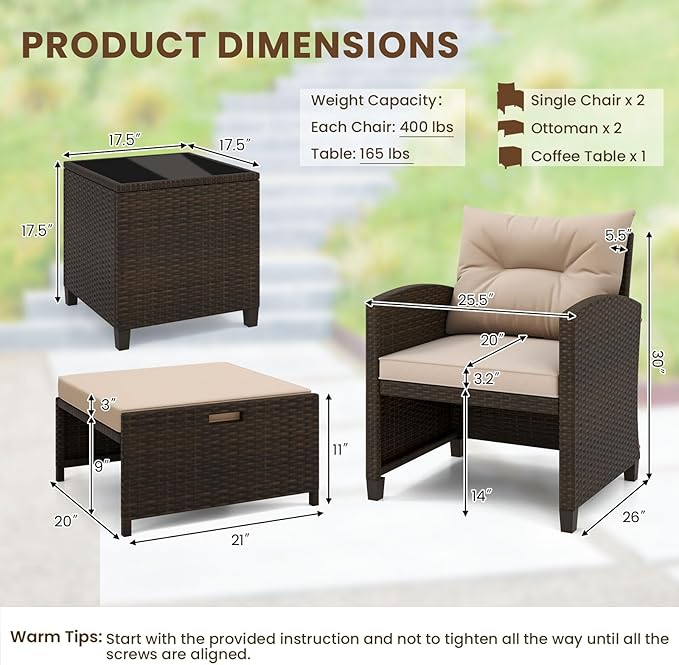 Tangkula 5 Pieces Patio Conversation Set, PE Wicker Rattan Outdoor Furniture Set with 2 Chairs, 2 Ottomans & Tempered Glass Coffee Table, Ideal for Poolside, Backyard, Lawn, Deck (Mix Brown & Beige)