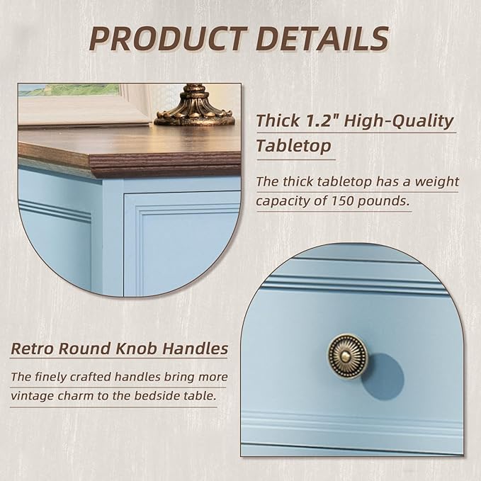 Joaxswe 24" Wide Farmhouse Nightstand Set of 2, 45" Tall Rustic Chests of 5 Drawers w/ 4 Solid Wood Feet, Farmhouse Furniture Series for Living Room,Bedroom,LightBlue