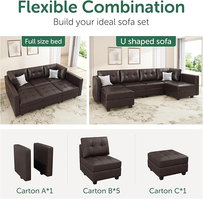 HONBAY Oversized Modular Sleeper Sectional Sofa Bed with Storage, Faux Leather Reversible 6 Seat Couches, Mid Brown