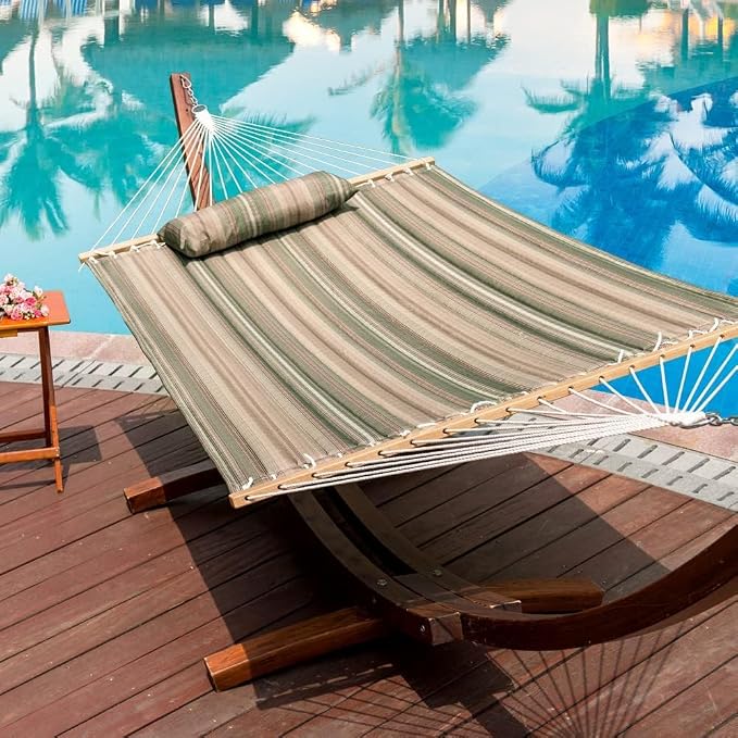 Lazy Daze 12 FT Quilted Fabric Double Hammock with Spreader Bars and Detachable Pillow, 2 Person Hammock for Outdoor Patio Backyard Poolside, 450 LBS Weight Capacity, Mixed Green & Brown Stripe - Image 6