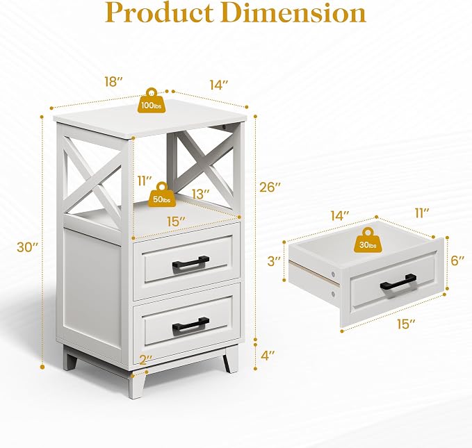 RoyalCraft 30" Tall Nightstand, Modern Painted Bedside Table with 2 Drawers and Open Shelf, Wood Side Table for Bedroom, Home Office, White-Open Shelf Above, Set of 1 - Image 2