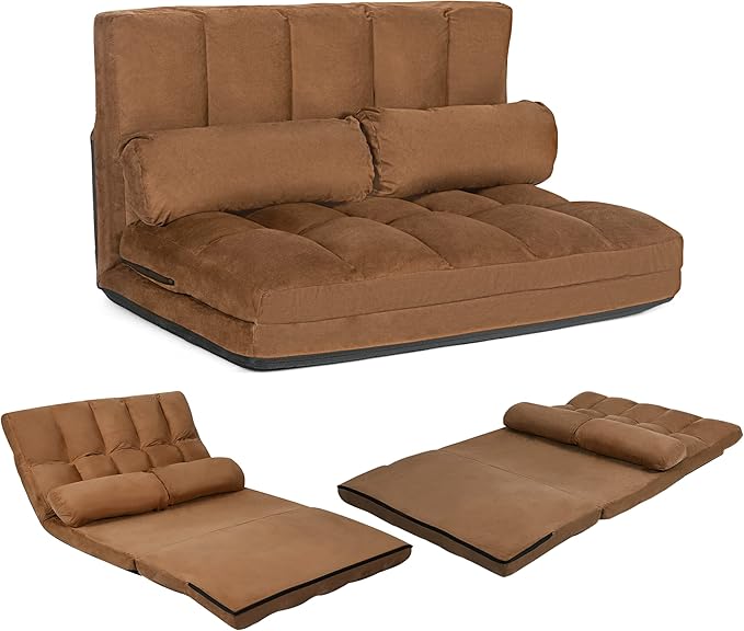 KOMFOTT Adjustable Floor Sofa Bed, Foldable Lazy Sofa Sleeper Bed with 6 Position Backrest & 2 Pillows, Convertible Futon Couch Bed with Suede Cloth Cover, Lounge Recliner for Living Room (Coffee)