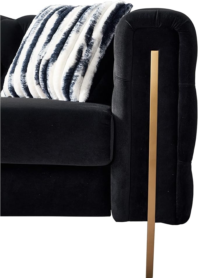 KEIKI 84" Chesterfield Velvet Tufted Button Sofa with Removable Cushions and 2 Toss Pillows, Modern 3-Seater Couch with 4 Gold Metal Legs, Easy Assembly, for Living Room, Bedroom, Apartment, Black
