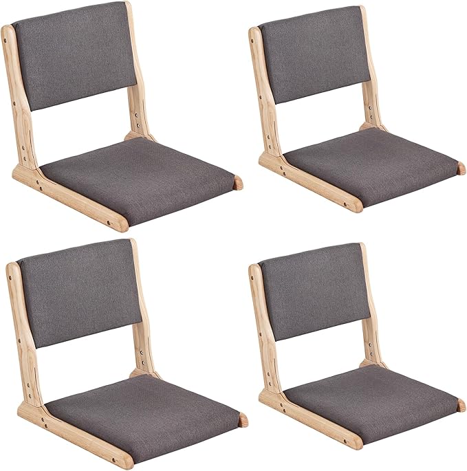 Tiita Floor Chair with Back Support, Foldable Meditation Tatami Chairs, Backrest Chair with Cushion, Living Room Chair Seat 4 Pack, Wood Dark Grey