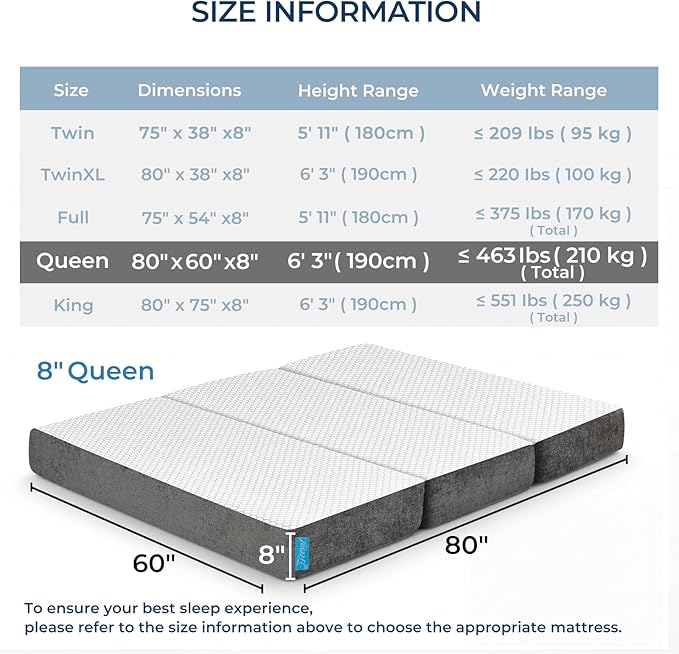 Odorless Foldable Mattress Queen Size 80" x 60" x 8", 8 Inch Medium Firm Folding Foam Mattress with Storage Bag, Fiberglass Free Trifold Memory Foam Mattress for RV, Guest Bed