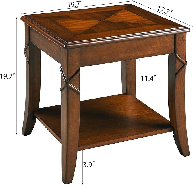 Solid Wood Side End Table with Storage Shelf, Mid-Century Sofa Beside Table with Splicing Top,Telephone Table for Living Room, 19.7"L x 17.9"W x 19.7"H Easy Assembly, Cherry Brown CJZ-DR200