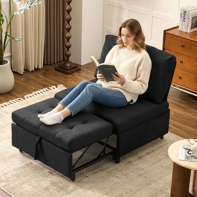 VINGLI Convertible Sofa Bed Tufted Teddy Fleece Sleeper Chair Bed Couch Armless Living Room Chairs with Adjustable Backrest Pull Out Couch Bed for Small Spaces